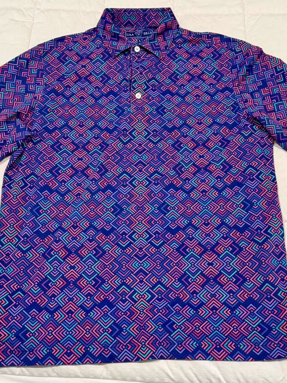 USA Palm Men's Short-Sleeve Geometric Polo Shirt - Purple/Pink- LARGE